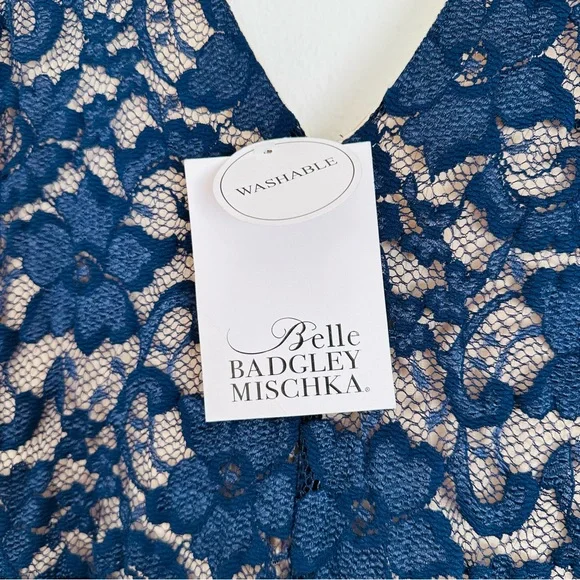 New Belle Badgley Mischka Dress navy Blue Lace Overlay Maxi Evening - Picture 9 of 10
